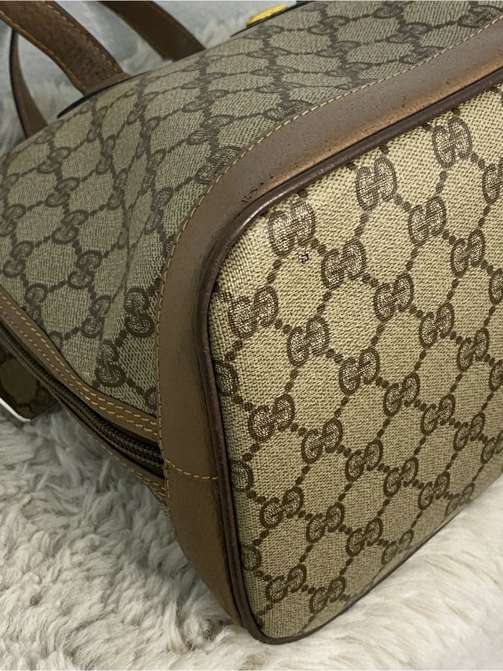 Gucci Tan & Beige GG Canvas Satchel with Gold Hardware